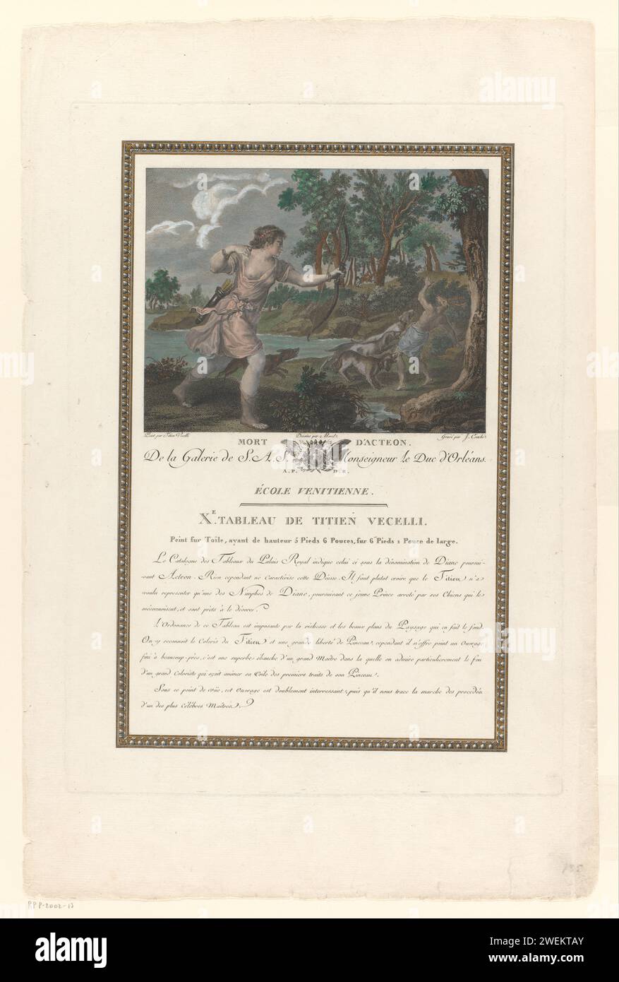 Mort d'Actaeon, Jacques couché, d'après Titien, d'après Antoine Borel, 1786 - 1808 estampe Diana, montrée au premier plan à gauche, tire la flèche avec laquelle elle tue Actaeon, en forme de cerf. Ses chiens l'attaquent. Paysage avec rivière et arbres. Sous le spectacle le titre et une explication sur le tableau en français. Présentation et texte encadrés par un cadre décoratif. Gravure sur papier Actaeon comme un cerf est dévoré par ses propres chiens. roulement armorial, héraldique Banque D'Images