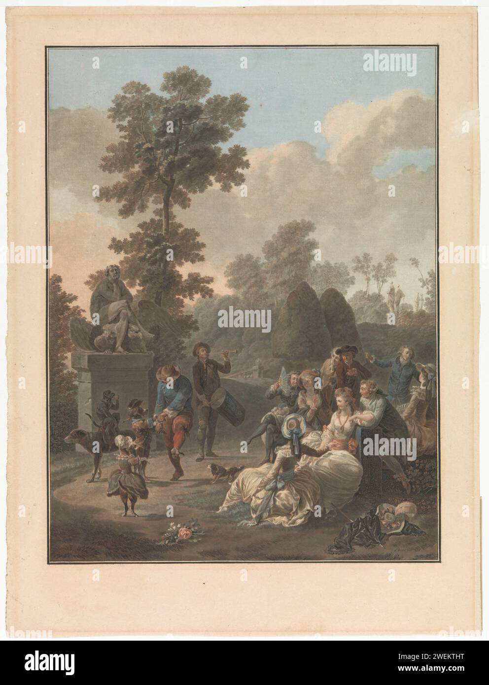 Quatre scènes de la vie de village, 1785 - 1790 imprimer Une compagnie d'hommes et de femmes dans un parc regarde un musicien et un homme qui danse avec deux chiens habillés en personnes et un singe. Fait partie d'une série de quatre spectacles de genre de la vie du village. danse du papier. une personne jouant d'un instrument. les animaux agissant comme des êtres humains Banque D'Images