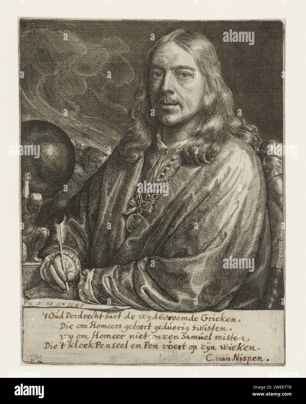 Autoportrait, Samuel van Hoogstraten, 1677 impression Autoportrait de Samuel van Hoogstraten écrit avec les initiales de Veer, son âge et la date. Sur sa main droite atlas avec la voûte céleste. Sous le portrait, un poème manuscrit de quatre lignes de C. van Nispen. papier gravure portrait, autoportrait de l'artiste Banque D'Images