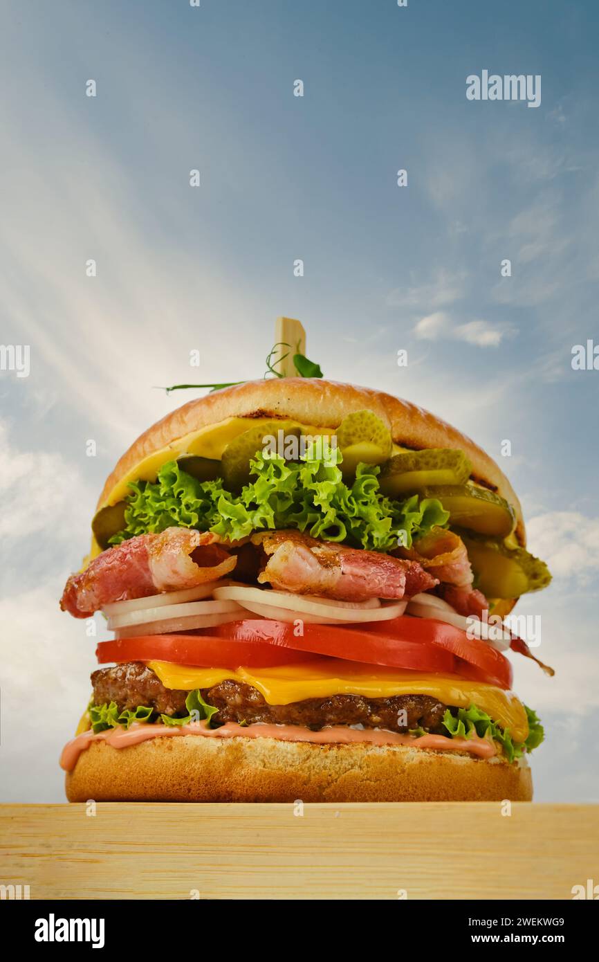 Vue à angle bas du hamburger de bœuf avec bacon, fromage et légumes Banque D'Images