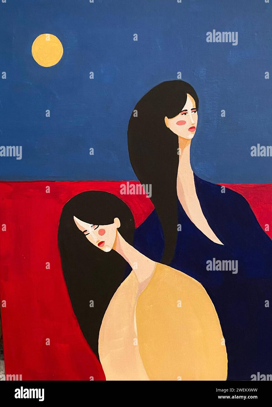 Femmes japonaises peintes à la main sur toile, couleurs acryliques, jour, nuit, yin yang, Chine, Japon, cheveux noirs, cheveux longs, galerie - auteur artiste Drudi design Banque D'Images