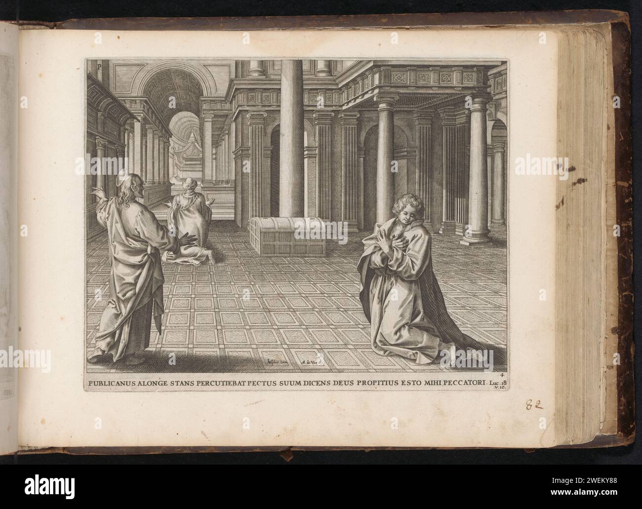 Similitude du Pharise et du publicain, Anonyme, d'après Adriaen Collaert, d'après Joannes van Doetechum (I), d'après Maerten de vos, 1646 print Christ, debout à gauche, raconte la similitude du Pharise et du Tollenaar. A droite, le publicain s’agenouille dans le temple avec repentance et demande la grâce à Dieu. Dans l'autel en arrière-plan, le Pharise, qui remercie Dieu, prie pour qu'il ne soit pas comme le publicain. Sous le spectacle une référence en latin au texte de la Bible en Luc. 18:10. Ce tirage fait partie d'un album. Papier gravant le pharisien priant et le publicain repentant dans le temple (Luc 18:10-1 Banque D'Images