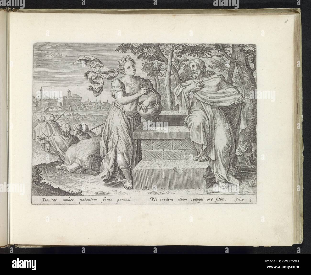 Christ et la Samaritaine, 1585 print Christ repose au Jakobsbron, après avoir envoyé ses disciples dans la ville. Sur la gauche ils partent pour la ville. Une femme samaritaine vient puiser de l'eau et parle avec Christ. Sous le spectacle une référence en latin au texte de la Bible en Jean. 4. Ce tirage fait partie d'un album. Papier gravé Christ reposant au puits de Jacob, après avoir envoyé ses disciples à Sychar. Christ et la femme de Samarie. Assis au puits de Jacob, il lui demande de boire dans sa cruche. utilitaire, pompe publique ou fontaine d'eau Banque D'Images