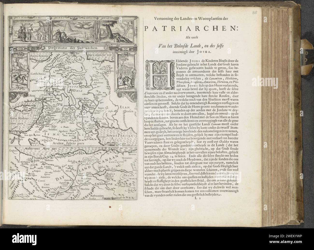 Carte avec les errances du patriarche, 1653 - 1654 imprimer. Feuille de texte carte en deux parties sur les errances des Patriarches. Avec cinq Paris : l'expulsion d'Adam et Eva du Paradis (Genèse 3 : 24) ; Noé et de Ark (Genèse 7:13, 8:16), Abraham et Lot partent pour Canaan (Genèse 12 : 4) ; la tour de Babel (Genèse 11 : 8), la rencontre d'Abraham avec Melchizédek (Genèse 14:18), le sacrifice d'Isaac (Genèse 22:10); le rêve de Jakob (Genèse 28:12), Joseph réception de Jakob en Égypte (Genèse 46:30). Le texte d'accompagnement commence par une initiale décorée H. le magazine fait partie d'un album. gravure sur papier / etchi Banque D'Images