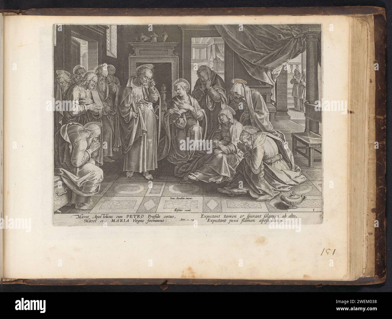 Maria et les apôtres pleurent de Christ, Anonymous, d'après Jan van der Straet, 1646 print Central à un salon de Apostelen, Maria et quelques femmes. Ils pleurent l'Ascension du Christ et prient. Sous le spectacle une référence en latin au texte de la Bible en main. 1:14. Ce tirage fait partie d'un album. Gravure sur papier disciples attendant le retour du Christ Banque D'Images