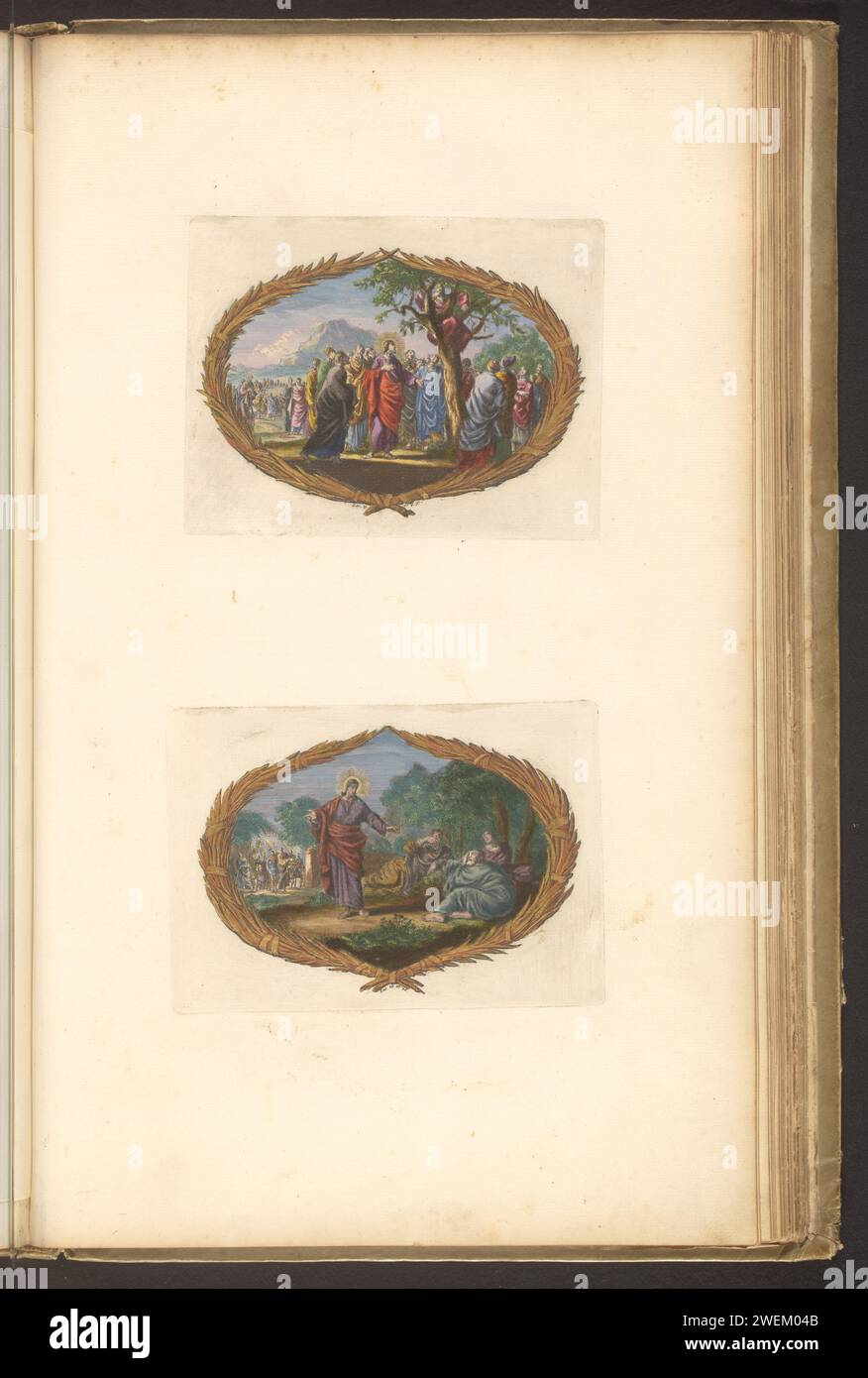 Feuille avec deux vignettes, Dirk Janszoon van Santen, 1700 impression feuille avec deux vignettes. Ci-dessus : appeler Zacheus. Sous : Christ réveille ses disciples endormis. Feuille de la deuxième partie de la Bible du Prent avec le Nouveau Testament, publiée par Pieter mortier, Amsterdam 1700. papier. peinture pour terrasse. Gravure appel de Zacchaeus, qui est assis dans un figuier (Christ passant par Jéricho). Le baiser de Judas : accompagné de soldats avec des torches et des lanternes, il embrasse Christ. Christ appelle les apôtres à rester éveillés et à prier  jardin de Gethsémani Banque D'Images