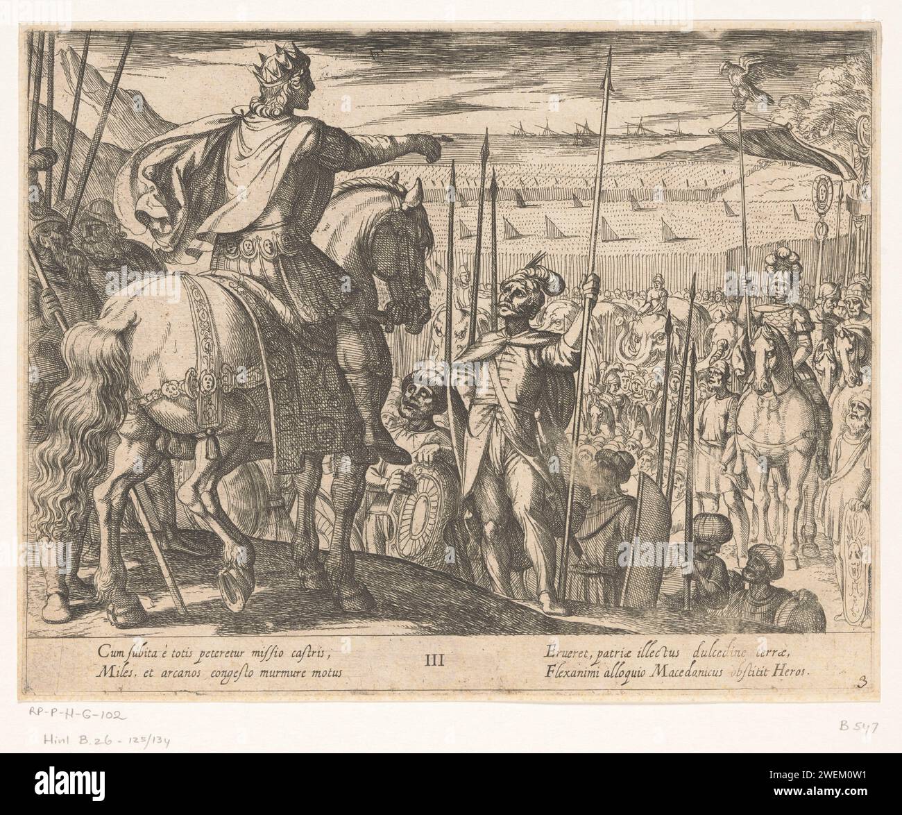 Alexandre le Grand instruit les soldats macédoniens, Antonio Tempesta, 1608 print Alexandre le Grand est à cheval, vu sur le dos, et instruit son armée de soldats macédoniens. Verset à quatre lignes en latin sur deux colonnes dans la marge inférieure. Batailles de gravure sur papier d'Alexandre. le soldat ; la vie du soldat. guerre ; affaires militaires (+ cavalerie, cavaliers) Banque D'Images