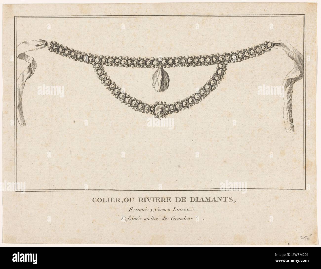 Conception pour un collier, anonyme, c. 1768 imprimer Un collier composé de nombreux diamants avec des rubans comme fermeture. collier de gravure de papier. pierres précieuses et semi-précieuses : diamant Banque D'Images
