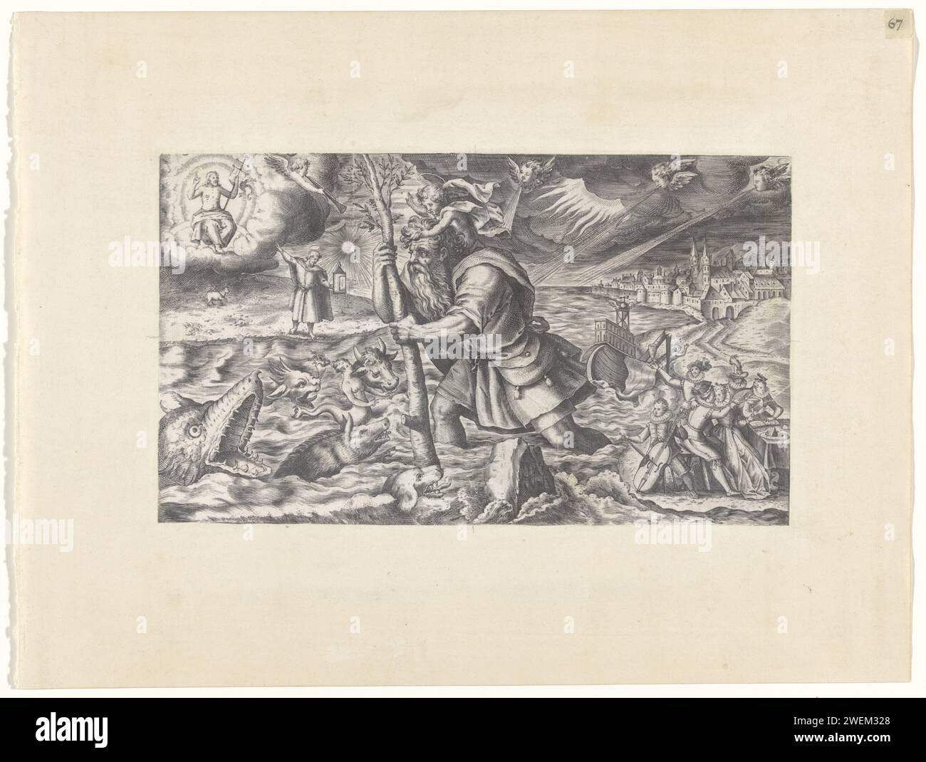 Saint Christoffel avec l'enfant Christ, Anonyme, c. 1570 - c. 1600 imprimer Saint Christoffel (Christophorus) traverse l'eau avec l'enfant Christ sur ses épaules. Différents animaux menaçants dans l'eau. Sur la rive lointaine est un ermite avec une lanterne, pointant vers le Christ retenu dans le ciel. Sur la rive voisine un groupe de personnes qui font et font de la musique d'amour. Derrière elle un naufrage avec un sablier ailé. Gravure sur papier St. Christopher, avec l'enfant Christ sur ses épaules, pataugeant dans l'eau et portant son bâton (palmier) ; parfois un ermite se tient sur la rive plus loin Banque D'Images