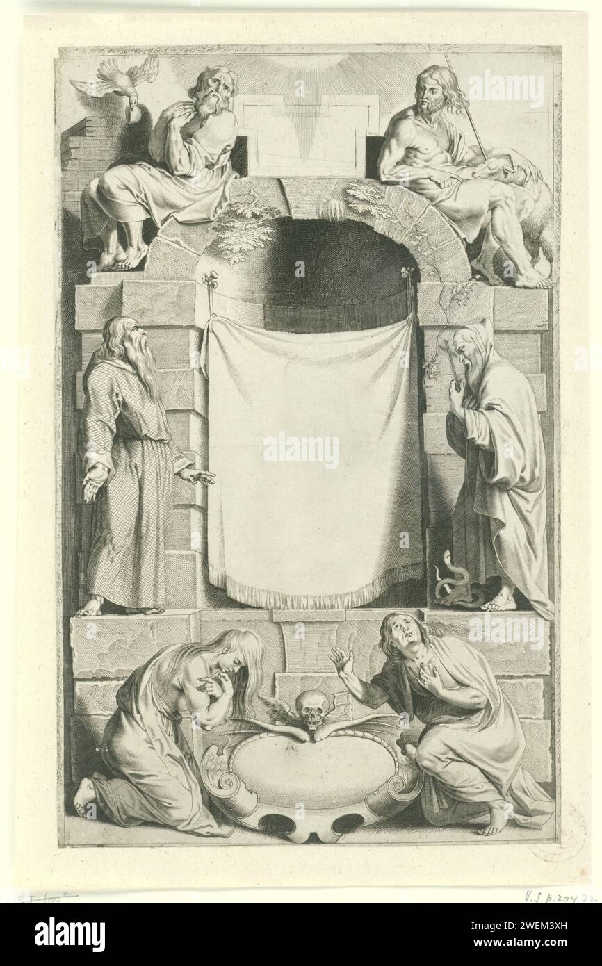 Page de titre pour : H. Rosweyde, 'TVAders Boek, Antwerp, 1617, Jan Baptiste Collaert, d'après Peter Paul Rubens, 1617 impriment Une niche pour laquelle un tissu blanc. De part et d'autre de la niche Saint Paul et Antonius à Monnikspij. Au sommet de la niche à gauche Elia (avec un corbeau qui lui apporte du pain), à droite Jean Baptiste avec son agneau. Au milieu de Sainte Eugénie et Paula, assis dans un cartouche avec crâne ailé. Gravure sur papier de la pénitente Harlot Marie Madeleine ; attributs possibles : livre (ou rouleau), couronne, couronne d'épines, crucifix, pot de pommade, miroir, instrument de musique, paume-br Banque D'Images