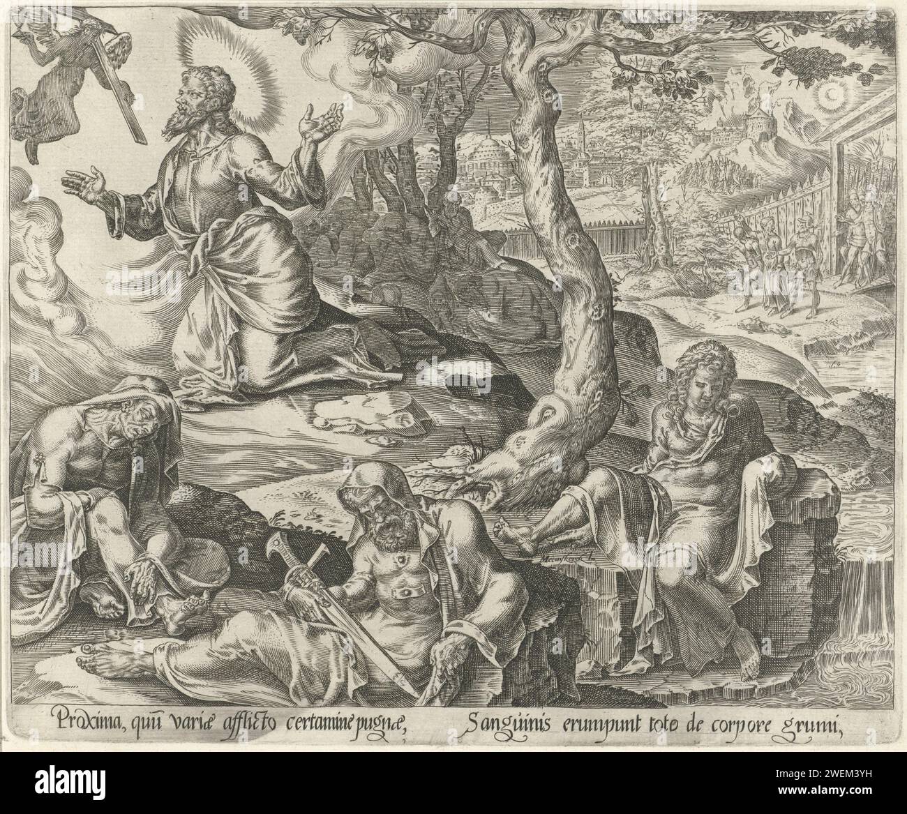 Christ dans le Hof van Getsemane, Harmen Jansz Muller, d'après Maarten van Heemskerck, 1565 imprimer Christ priant dans le Hof de Getsemane. Un ange lui présente la croix et un calice. Peter, James et John dorment au premier plan. Judas apparaît à droite avec un groupe de soldats. Au bas de la marge un verset en latin. Print fait partie d'une série sur les sept saignements du Christ. Pendant la prière à Getsemane, sa sueur tomba sur le sol comme des gouttes de sang. Gravure sur papier agonie du Christ : pour le réconforter un ou plusieurs anges apparaissent au Christ avec un calice et/ou une croix Banque D'Images