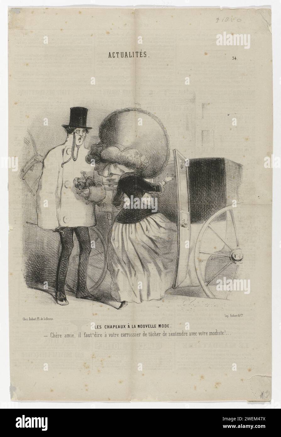 Le Charivari, nouvelles, 1850, n ° 34 : les chapeaux avec le nouveau mod (...), c. 1850 caricature sur le grand chapeau à baldaquin qui limite la vue et qui est trop grand pour l'espace du Karos. assiettes de mode en papier. Casque (CAPOTE) (+ vêtements pour femmes). jupe (+ vêtements pour femmes). monocle, lorgnette unique. véhicule à quatre roues, tiré par des animaux, par exemple : cabine, voiture, autocar (+ départ et arrivée  circulation et transport). chien Banque D'Images