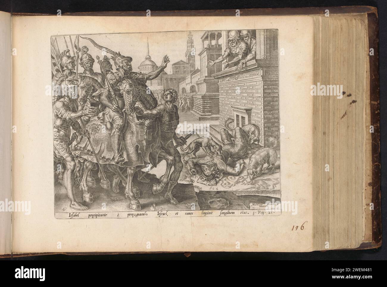 Le corps d'Izebel est mangé par les chiens, Philips Galle, d'après Maarten van Heemskerck, 1646 print après qu'elle a été jetée par la fenêtre et est morte, le corps d'Izebel est mangé par les chiens pour les portes de la ville. Jéhu, le nouveau roi d'Israël, regarde la scène avec ses soldats. Sous le spectacle une référence au texte de la Bible en 1 Kon. 21 en latin. L'impression fait partie d'un album. Les chiens graveurs de papier mangent le corps de Jezebel Banque D'Images