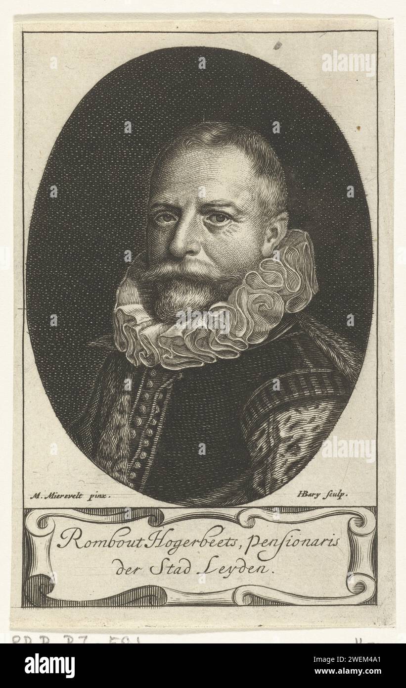 Portrait de Rombout Hoogerbeets, Hendrik Bary, d'après Michiel Jansz van Mierevelt, 1657 - 1707 gravure sur papier Banque D'Images