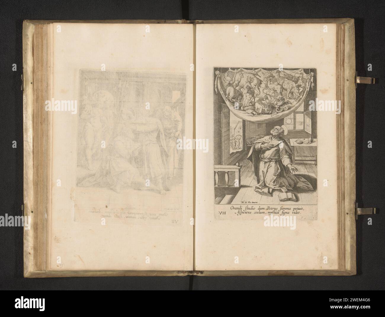 La vision de Pierre des animaux impurs, Anonyme, d'après Maerten de vos, 1654 estampe Simon Petrus prie dans la maison de Simon le tanneur. Une feuille avec toutes sortes d'animaux impurs apparaît au-dessus de lui. Numéroté en bas à gauche : VIII En bas de la marge, une légende bidirectionnelle en latin. Partie d'une série de douze représentations des actions des apôtres. Partie d'un album avec des performances principalement chrétiennes. Sur le toit de la maison de Simon le Tanner, on écrit la vision de Pierre des bêtes impures : un drap descend du ciel, plein de bêtes à quatre pieds, de rampantes et de volailles de l`ai Banque D'Images
