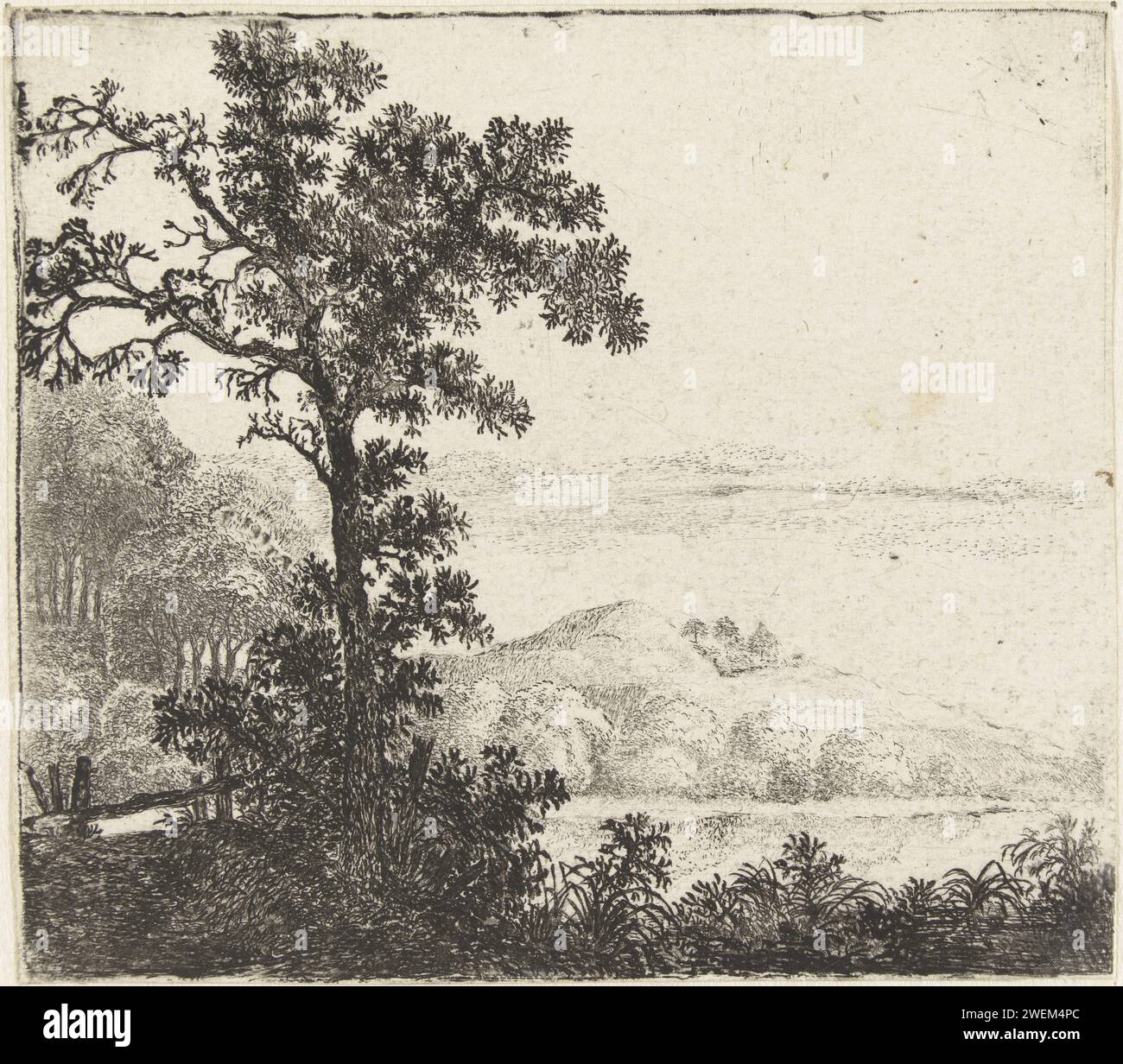 Paysage avec Boom près d'une rive de la rivière, Jan van Brosterhuyzen, 1610 - 1650 papier d'impression gravure de la rive de la rivière Banque D'Images