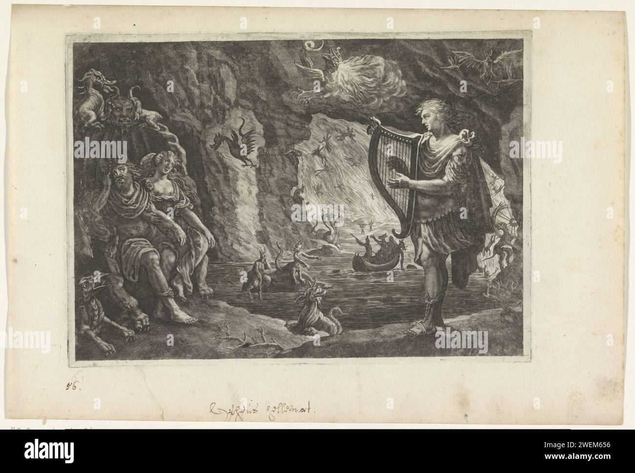 Orphée dans le monde souterrain, c. 1636 - 1670 imprimer Orphée est descendu dans le monde souterrain et joue son treuil pour déplacer Pluton pour lui donner sa femme Eurydice en retour. La gravure sur papier à travers sa musique Orphée incite Pluton et/ou Proserpina à laisser partir Eurydice Banque D'Images