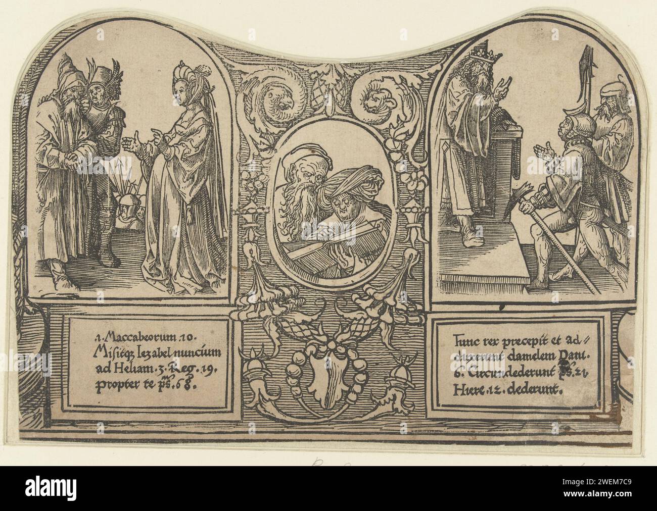 Izebel menace Elia et Babyloniers exigent la mort de Daniel, Jacob Cornelisz van Oostsanen (cercle de), 1518 - 1522 imprimer partie inférieure d'un magazine, d'une série de douze tirages. Imprimé à partir de plusieurs blocs. Deux scènes de l'ancien Testament, Préfigurations d'ECCE Homo : à gauche Izabel qui menace Élie, avec des références aux textes bibliques sous, à droite Daniel et deux soldats, avec des références aux textes bibliques dessous. Deux prophètes au milieu. Papier Jezebel envoie un message à Elijah dans lequel elle menace de lui ôter la vie. Daniel et le roi Darius (Daniel 6) Banque D'Images