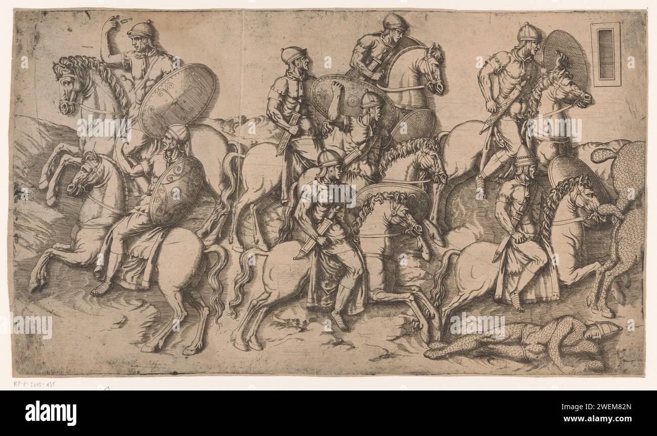 Scène des guerres daciennes, Antonio Fantuzzi (cercle de), 1537 - 1550 imprimer scène des guerres daciennes avec des soldats à cheval. Au bas-relief sur la colonne de Trajanus à Rome. colonne triomphale de gravure de papier avec frises hélicoïdales. (Histoire de) l'empereur Trajan. guerre. Pièce de sculpture, reproduction d'une pièce de sculpture colonne de Trajanus Banque D'Images