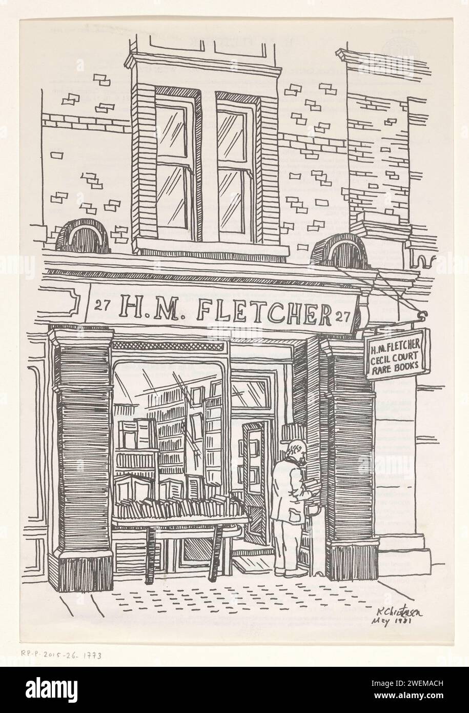 Shopping of Bookstore H.M. Fletcher à Londres, Anonyme, d'après R. Christensen, 1981 impression papier livre-librairie, libraire. Vitrine, vitrine Cecil court Banque D'Images