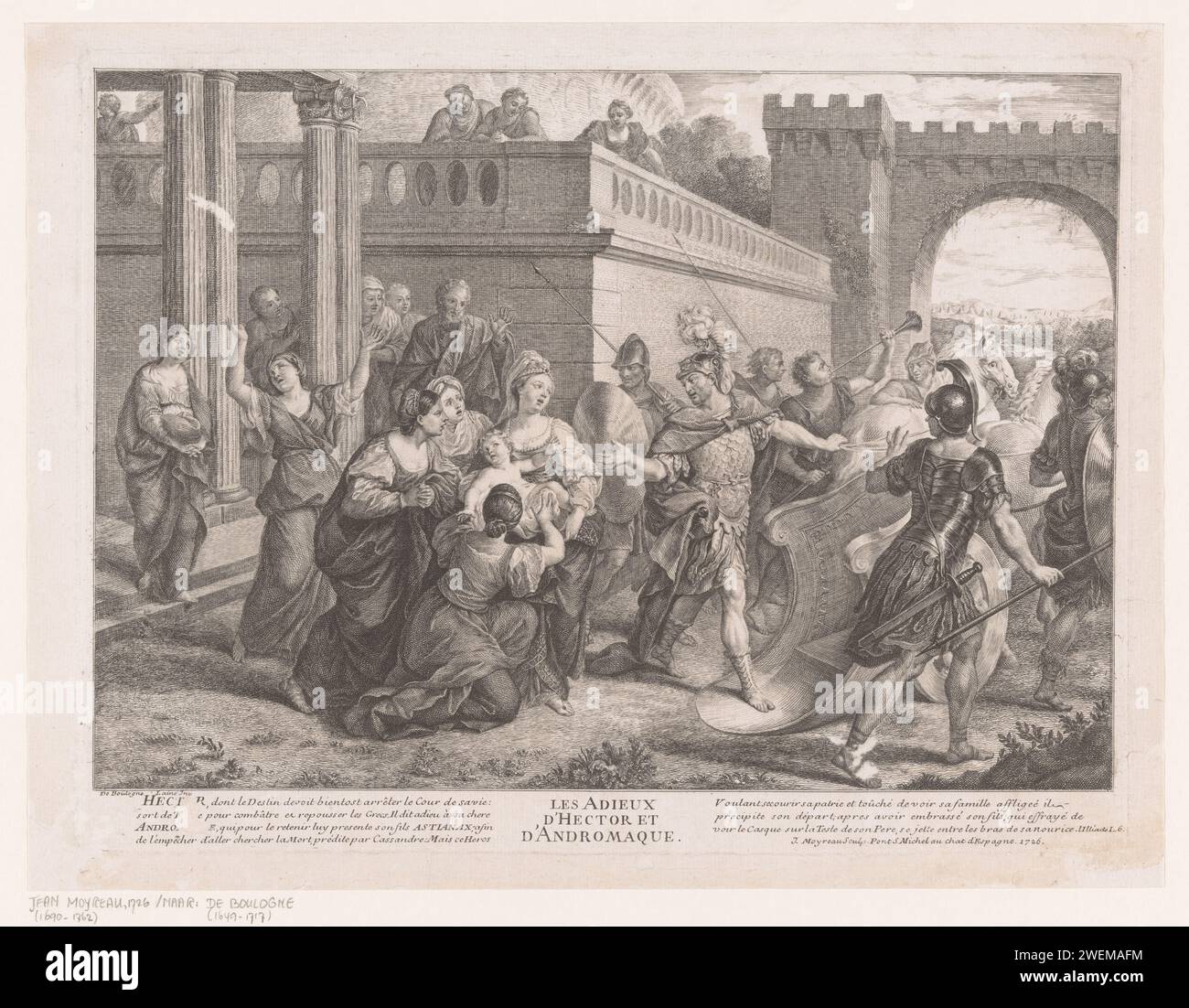 Hector dit au revoir à Andromache, Jean Moyreau, après bon Boulogne, 1726 papier gravure / gravure adieu d'Hector à sa femme Andromache et son jeune fils Astyanax Banque D'Images