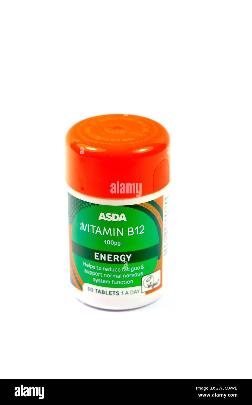 Bouteille de comprimés de vitamine B12 d'Asda Banque D'Images