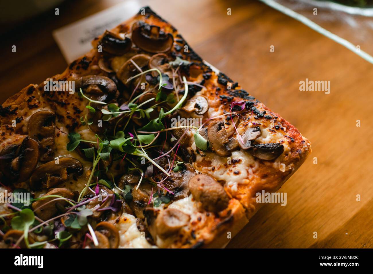 Image recadrée de pizza à pain plat avec des champignons et des germes Banque D'Images