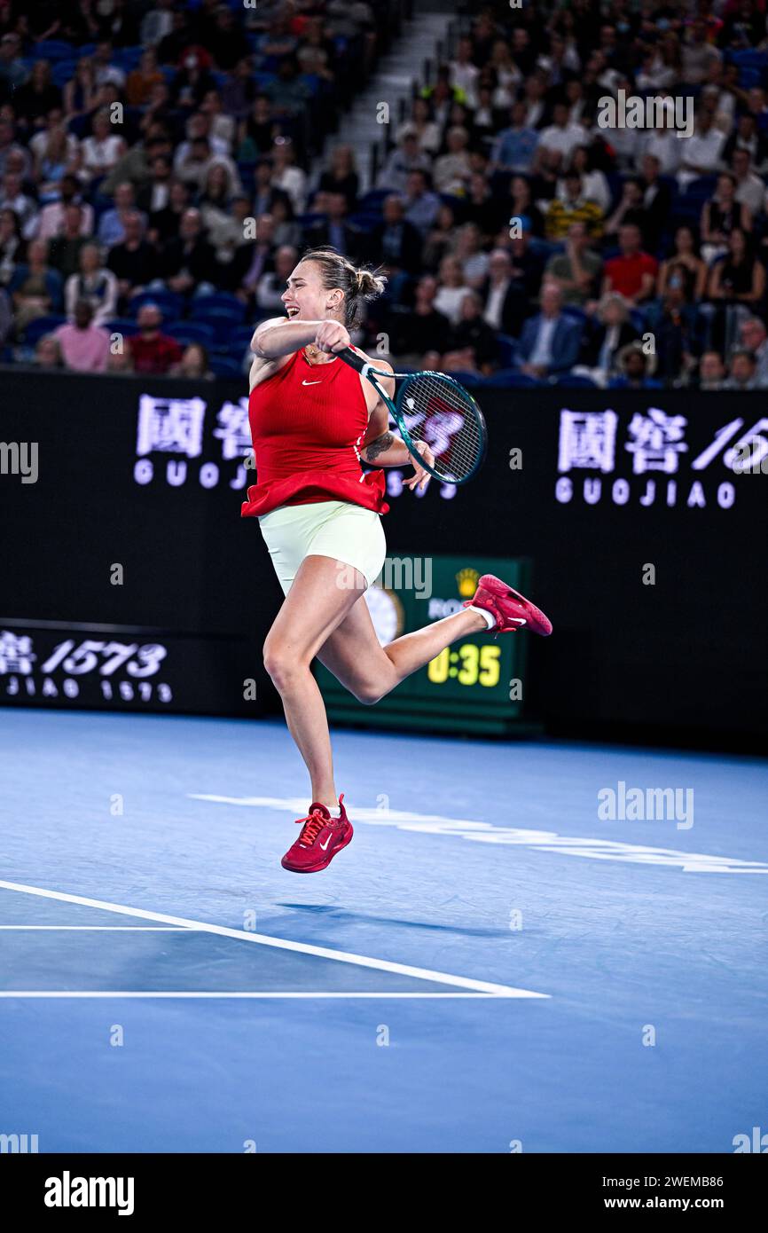 Melbourne, Australie. 25 janvier 2024. Aryna Sabalenka lors du tournoi de tennis Australian Open AO 2024 Grand Chelem le 25 janvier 2024 à Melbourne Park, en Australie. Photo Victor Joly/DPPI crédit : DPPI Media/Alamy Live News Banque D'Images