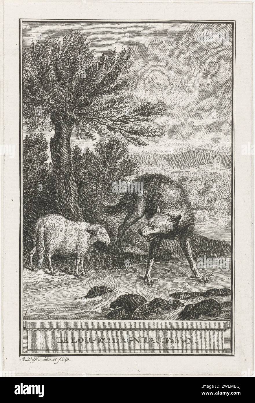 De Loup et l'Agneau, Abraham Delfos, 1741 - 1820 imprimer Un loup et un agneau debout près d'un ruisseau, le loup accuse l'agneau, déraisonnablement, de boire son eau. papier mordant agneau. bêtes de proie, animaux prédateurs : loup Banque D'Images