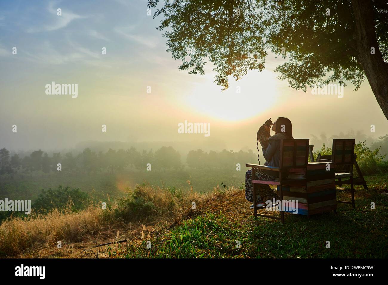 Une femme embrasse son chat pendant le brouillard matinal avec le lever du soleil Banque D'Images