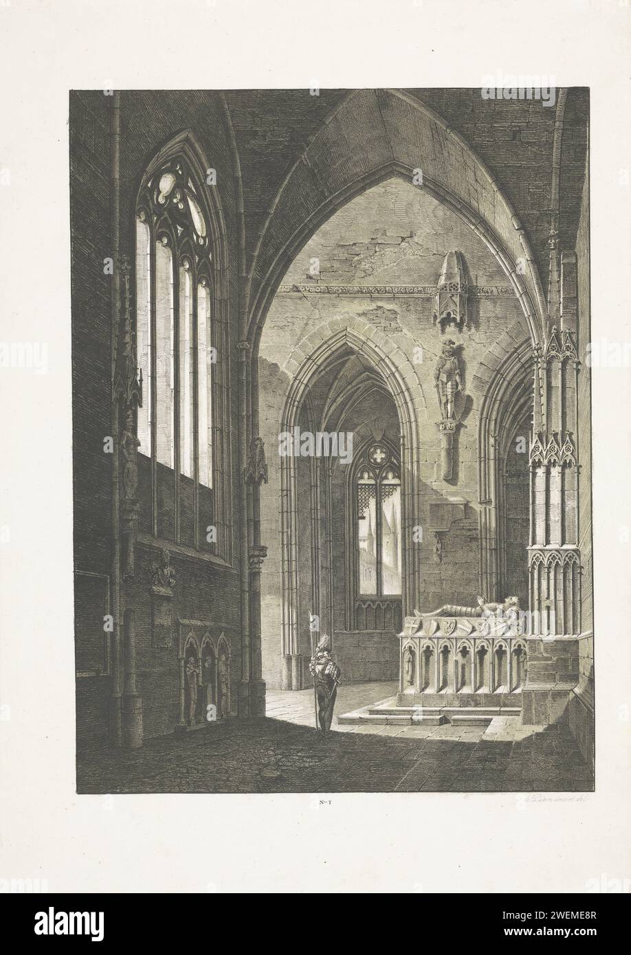 Soldat à Kerk, 1794 - 1851 imprimer Un soldat avec l'épée et la lance sur une tombe dans une église gothique. Numéroté au milieu : non. I. tombe en papier, tombe. intérieur de l'église. le soldat ; la vie du soldat Banque D'Images