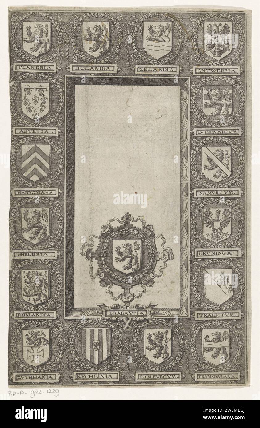 Les armes des dix-sept provinces, en ou avant 1612 impriment au milieu l'arme de la province du Brabant. Autour d'une frontière avec les armes des seize provinces restantes des pays-Bas des Habsbourg. gravure sur papier / impression typographique manteau des bras (comme symbole de l'état, etc.) Banque D'Images