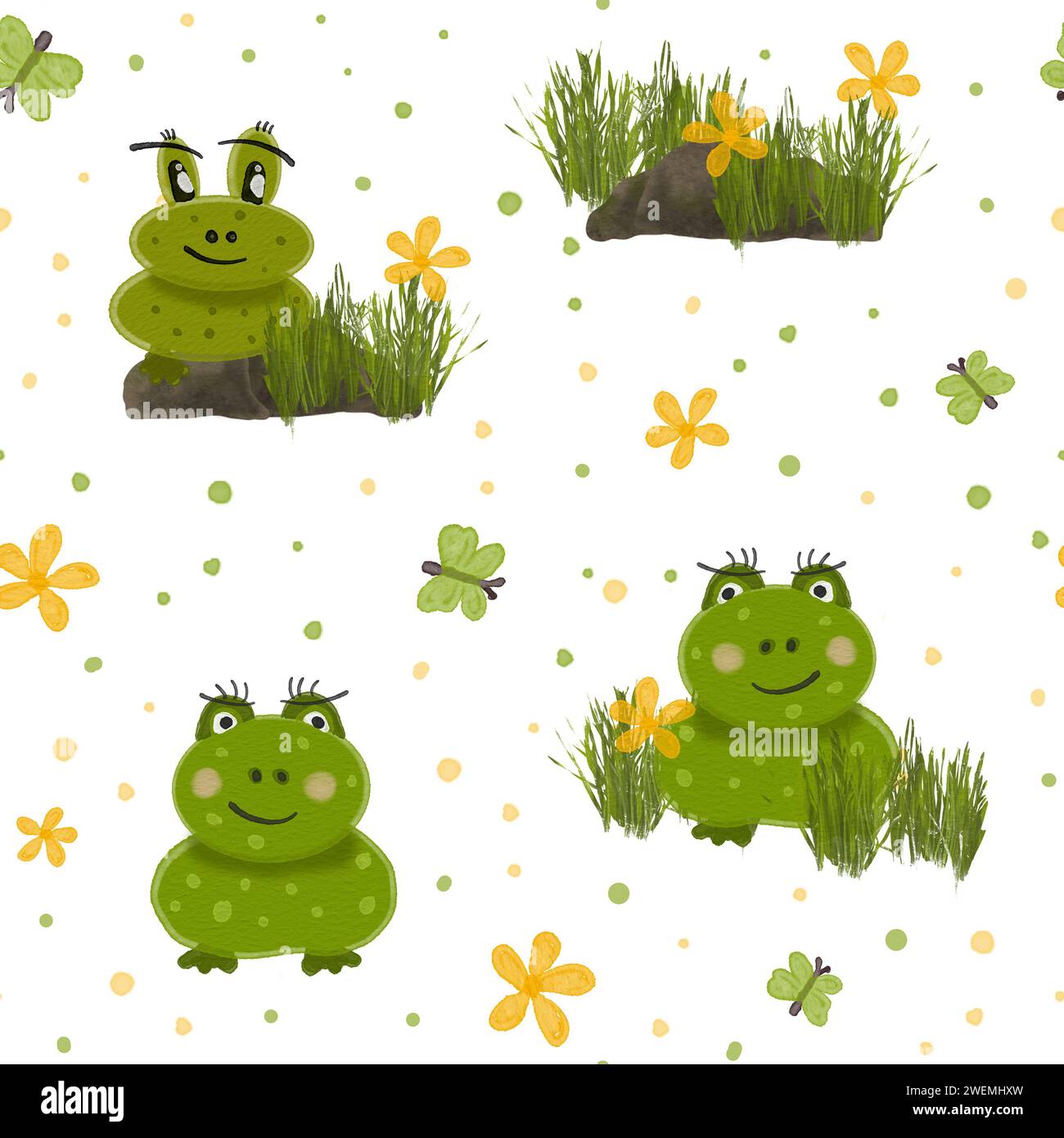 Motif grenouille. Motif sans couture aquarelle avec des grenouilles drôles vertes. Une grenouille est assise sur une pierre dans l'herbe. Le soleil, des fleurs et un papillon. Banque D'Images