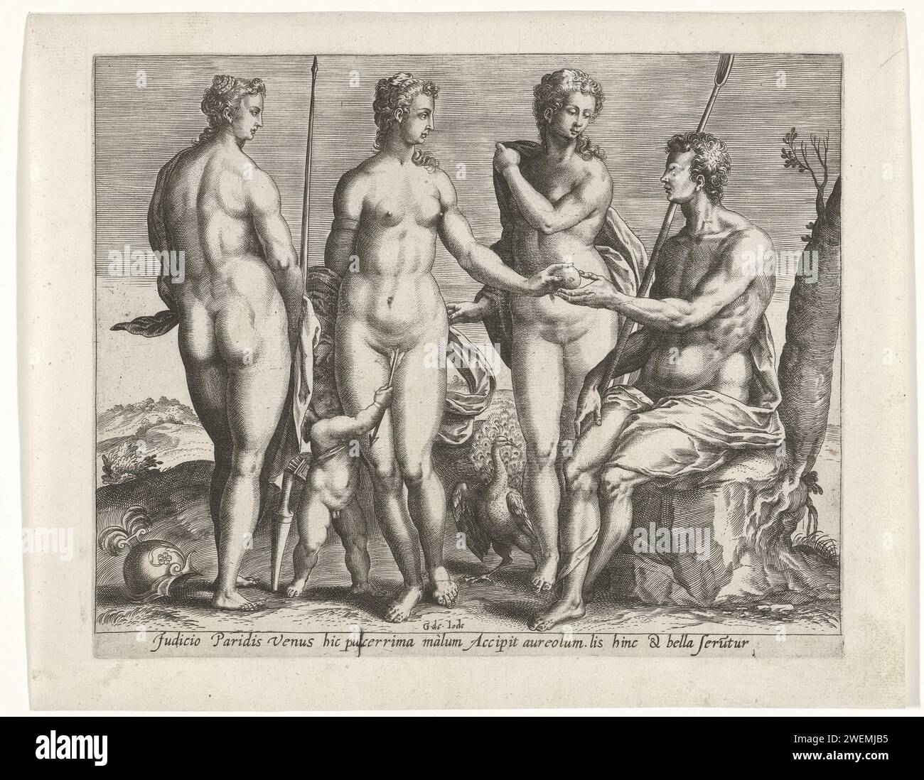 Jugement de Paris, Pieter de Jode (I), 1590 - 1632 imprimer Paris doit juger les trois plus belles déesses de l'Olympe sur leur beauté : Junon (avec le paon), Vénus (accompagnée d'Amor) et Minerve (avec casque). Paris donne la pomme d'or d'Eris à Vénus. Dans la marge une légende en latin. Gravure sur papier le jugement de Paris (sans Mercure) Banque D'Images