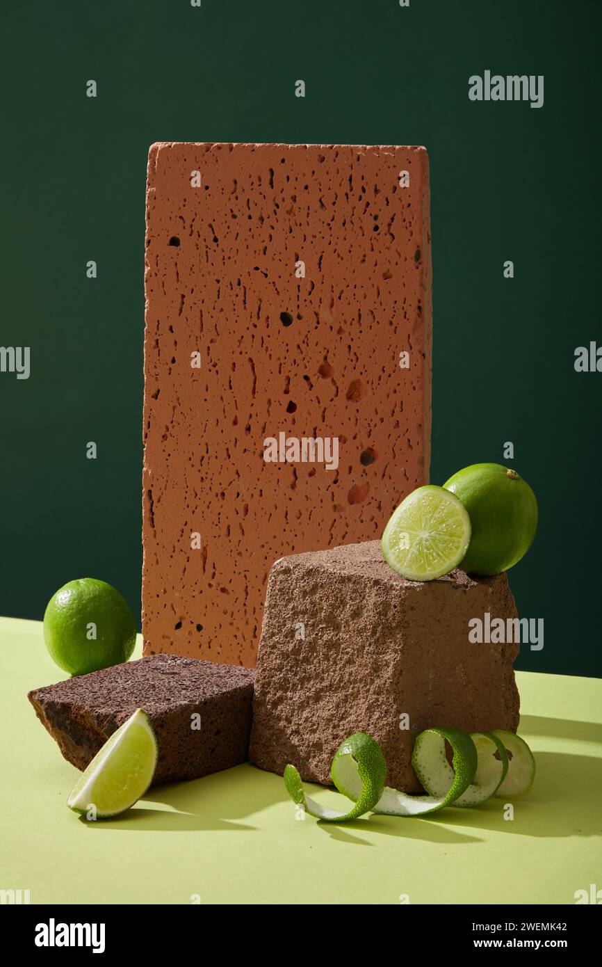Fond minimal avec des podiums en pierre brune et des limes fraîches (Citrus aurantifolia) tranches et pelures décorées sur fond sombre. Espace vide pour dispa Banque D'Images