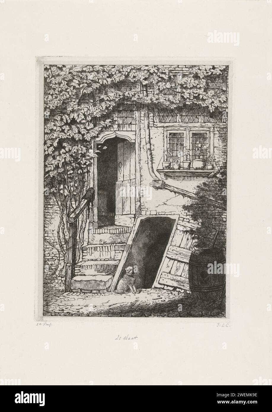 Façade d'une maison, Jacobus Ludovicus Cornet, 1825 - 1882 impression façade d'une maison. Un escalier mène au portail et une porte demi-ouverte. La porte du sous-sol est également ouverte. Un chien sur les genoux se trouve devant l'ouverture de la porte du sous-sol. chien de gravure de papier. plantes et herbes : lierre. Avant faÃ§ade Banque D'Images