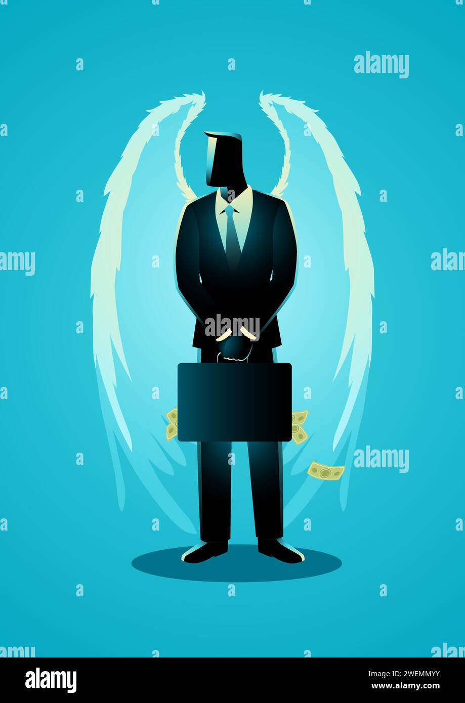 Illustration vectorielle de concept d'entreprise d'homme d'affaires avec des ailes d'ange portant valise pleine d'argent, concept d'investisseur d'ange Illustration de Vecteur