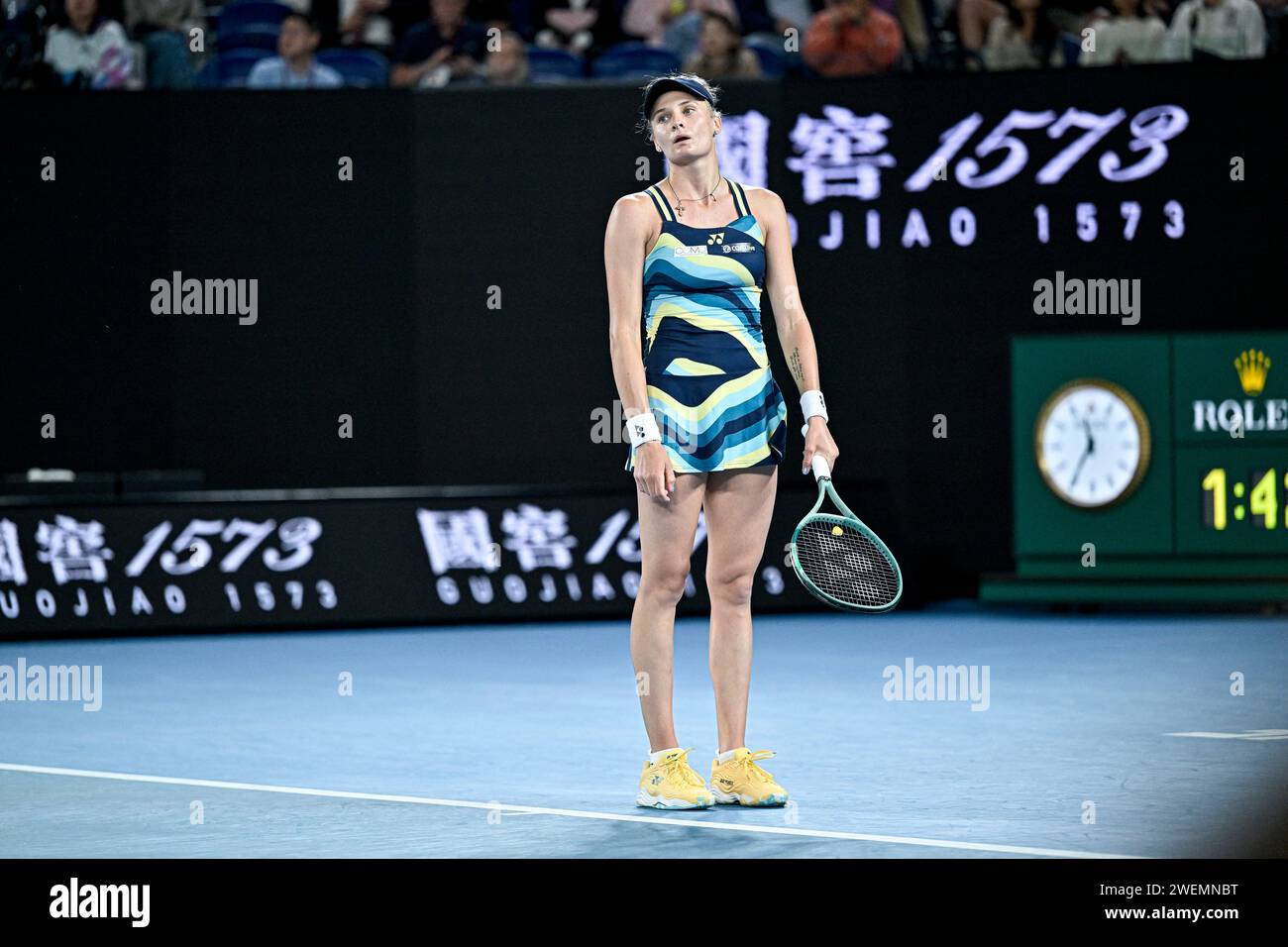 Melbourne, Australie. 25 janvier 2024. Dayana Oleksandrivna Yastremska d'Ukraine lors de l'Open d'Australie AO 2024 Grand Chelem tournoi le 25 janvier 2024 à Melbourne Park, Australie. Zheng Qinwen devient le deuxième joueur chinois de l’histoire à atteindre une finale majeure. La Seed No.12 a vaincu Dayana Yastremska 6-4, 6-4, remportant la bataille de deux demi-finalistes du Grand Chelem pour la première fois en 1 heures et 42 minutes. Photo par crédit : Abaca Press/Alamy Live News Banque D'Images