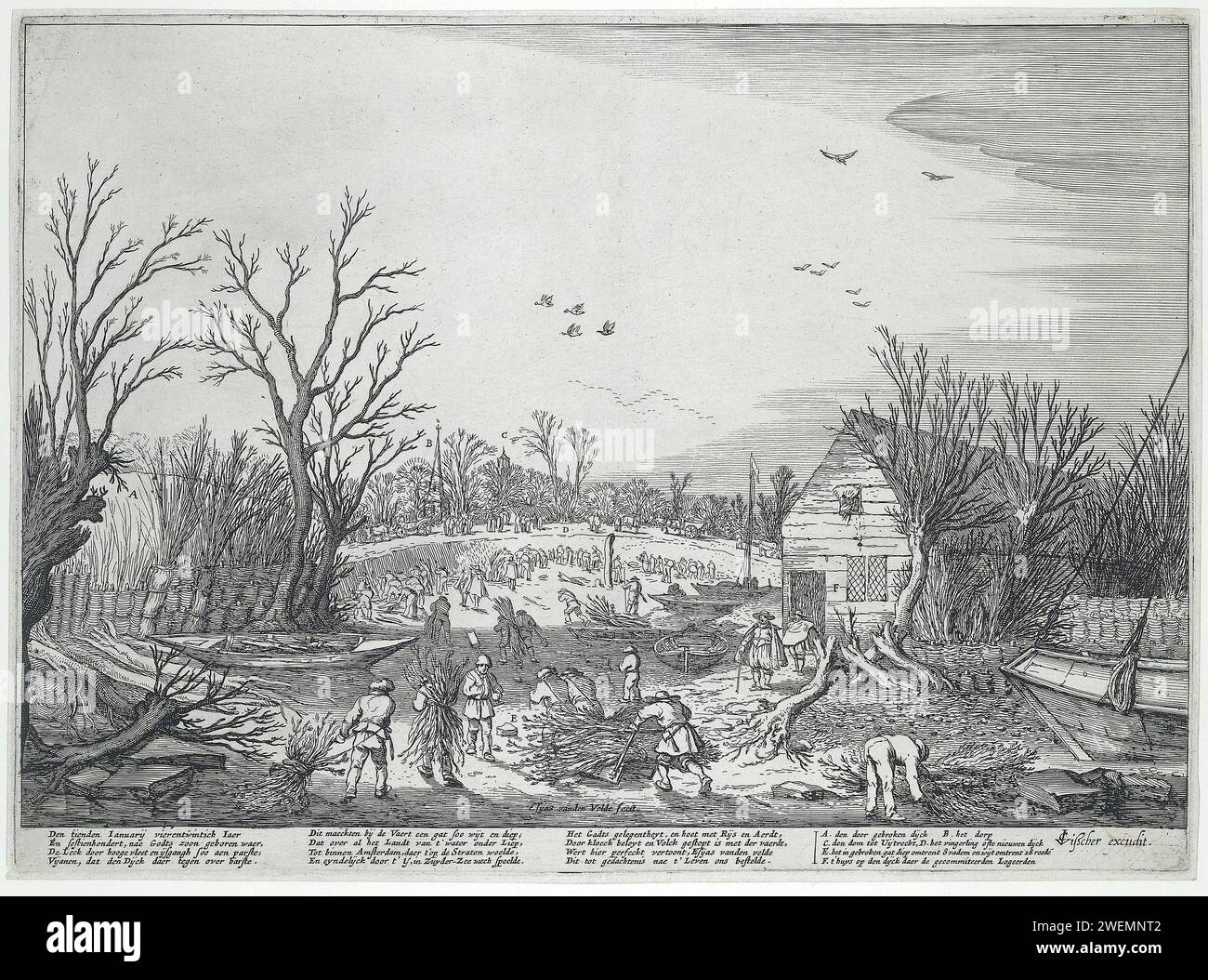 Travaux de réparation sur le Lekdijk brisé à 't Waal, Esaias van de Velde, 1624 - 1652 imprimer le Lekdijk du Nord brisé en 1624. Des hommes avec des forêts de branches marchant sur leur dos à travers le lit asséché de la rivière Lek. Les bateaux sont drainés. Le Lekdijk est restauré avec des branches. Au loin, la tour de l'église de 't Waal et la tour Dom d'Utrecht. Sous l'image texte en néerlandais en quatre colonnes, y compris une légende. gravure du papier digue-brise. Rivière sèche, lit de rivière Lek Banque D'Images