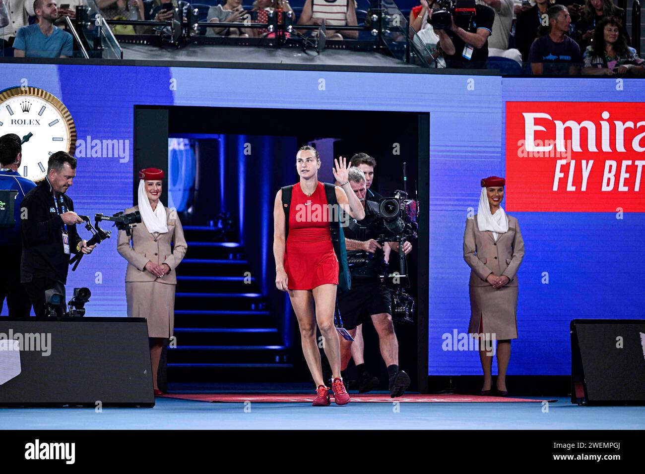 Melbourne, Australie. 25 janvier 2024. Aryna Sabalenka lors du tournoi de tennis Australian Open AO 2024 Grand Chelem le 25 janvier 2024 à Melbourne Park, en Australie. Aryna Sabalenka reste sur la bonne voie pour défendre sa couronne de l'Open d'Australie après avoir atteint la finale de Melbourne en vengeant sa défaite face à Coco Gauff lors de l'US Open de l'an dernier. Sabalenka, deuxième favori biélorusse, a gagné 7-6 (7-2) 6-4 contre Gauff, quatrième favori américain, dans une demi-finale tendue. Photo de Victor Joly/ABACAPRESS.COM crédit : Abaca Press/Alamy Live News Banque D'Images