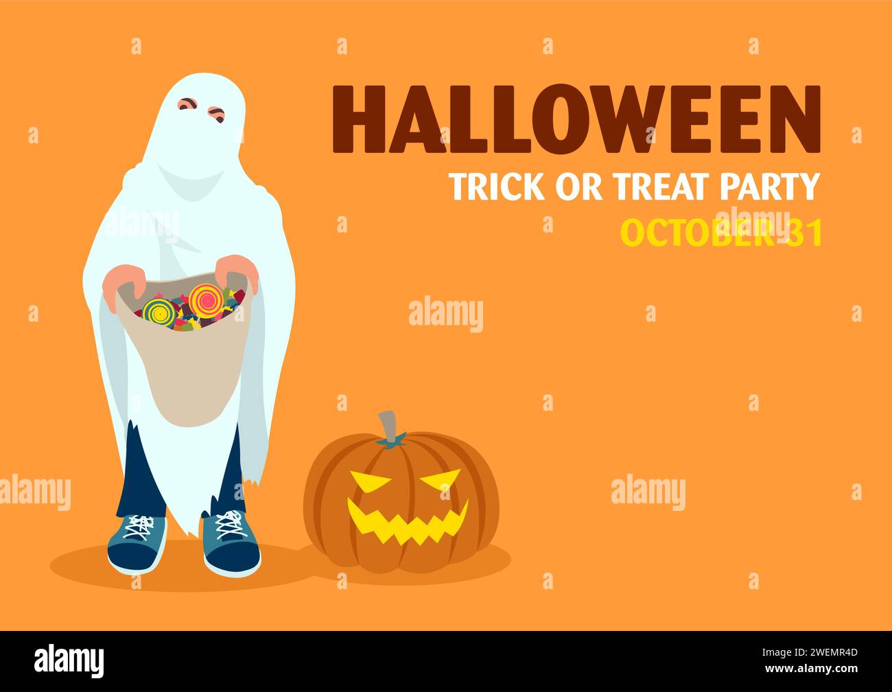 Enfant tenant le sac de bonbons, invitation joyeuse de fête d'Halloween, illustration de dessin animé vectoriel Illustration de Vecteur
