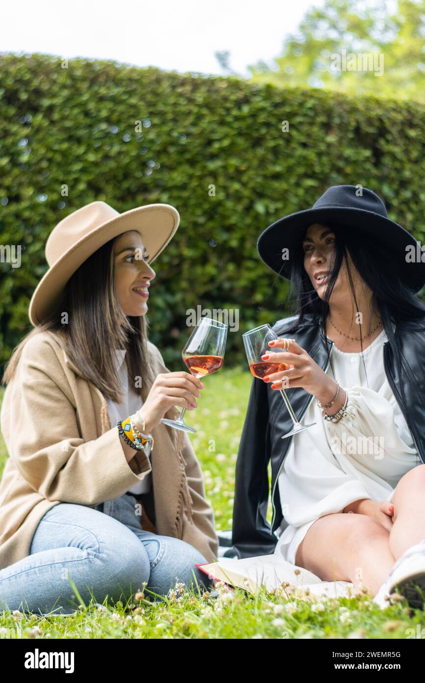Portrait de deux amis drôles ayant un bon moment à boire du vin et rire dans le parc Banque D'Images
