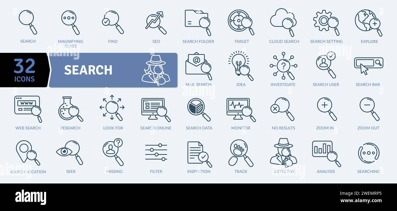 Pack d'icônes de recherche. Regarder quelque part attentivement afin de trouver quelque chose Illustration de Vecteur