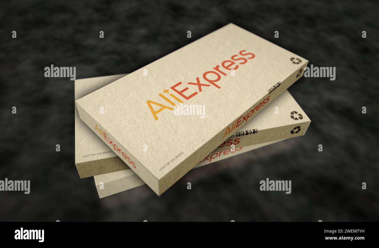 Poznan, Pologne, 25 janvier 2024 : chaîne de production de boîtes de vente au détail en ligne du groupe Aliexpress Alibaba. E-business entreprise chinoise. Usine d'emballage en carton. Abst Banque D'Images