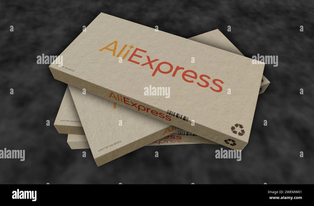 Poznan, Pologne, 25 janvier 2024 : chaîne de production de boîtes de vente au détail en ligne du groupe Aliexpress Alibaba. E-business entreprise chinoise. Usine d'emballage en carton. Abst Banque D'Images