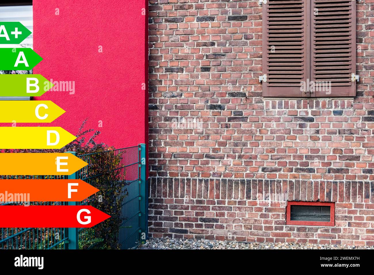 Façade isolée et non isolée d'une maison jumelée, diagramme avec classes d'efficacité énergétique pour les bâtiments conformément à la GEG, Hilden Banque D'Images
