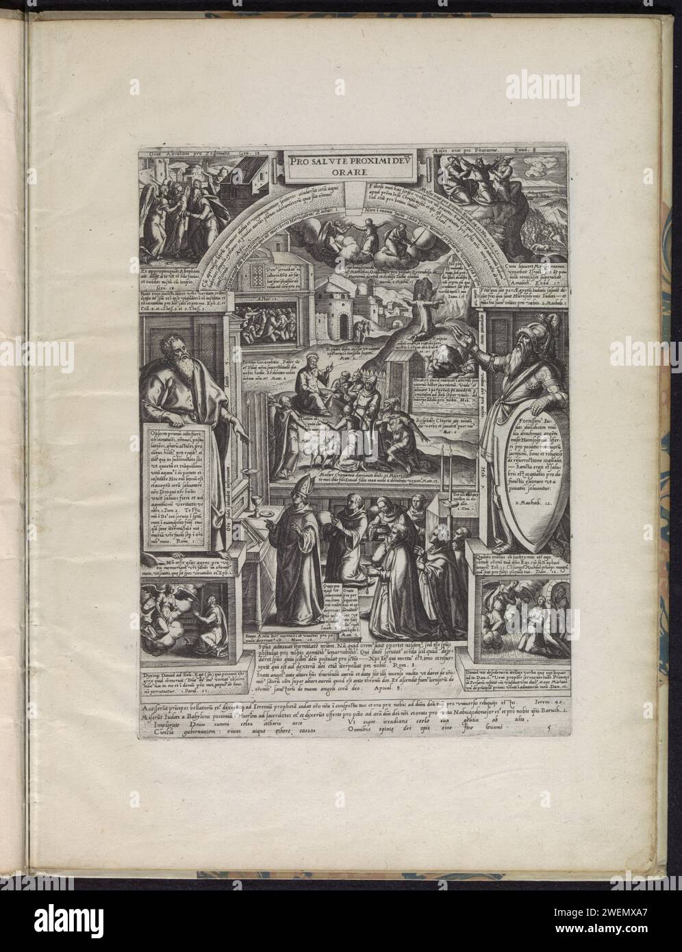 Priez pour les proches, 1577 imprimez la prière pour le prochain comme l'une des sept œuvres spirituelles de miséricorde. Dans le milieu des gens en prière pour un autel. En arrière-plan le Sermon sur la montagne et Christ priant à Getsémane. Autour des spectacles d'histoires bibliques qui ont à voir avec la prière. En haut à gauche d'Abraham qui supplie les trois anges de sauver Sodome, priant avec ses mains en haut à droite, priant ses mains en haut pour la victoire, en dessous de Daniel dans la prière et en dessous de David dans la prière. Gauche et droite Paul et Judas de Makkabeër. Dans la performance divers textes bibliques en latin. Sous le s Banque D'Images