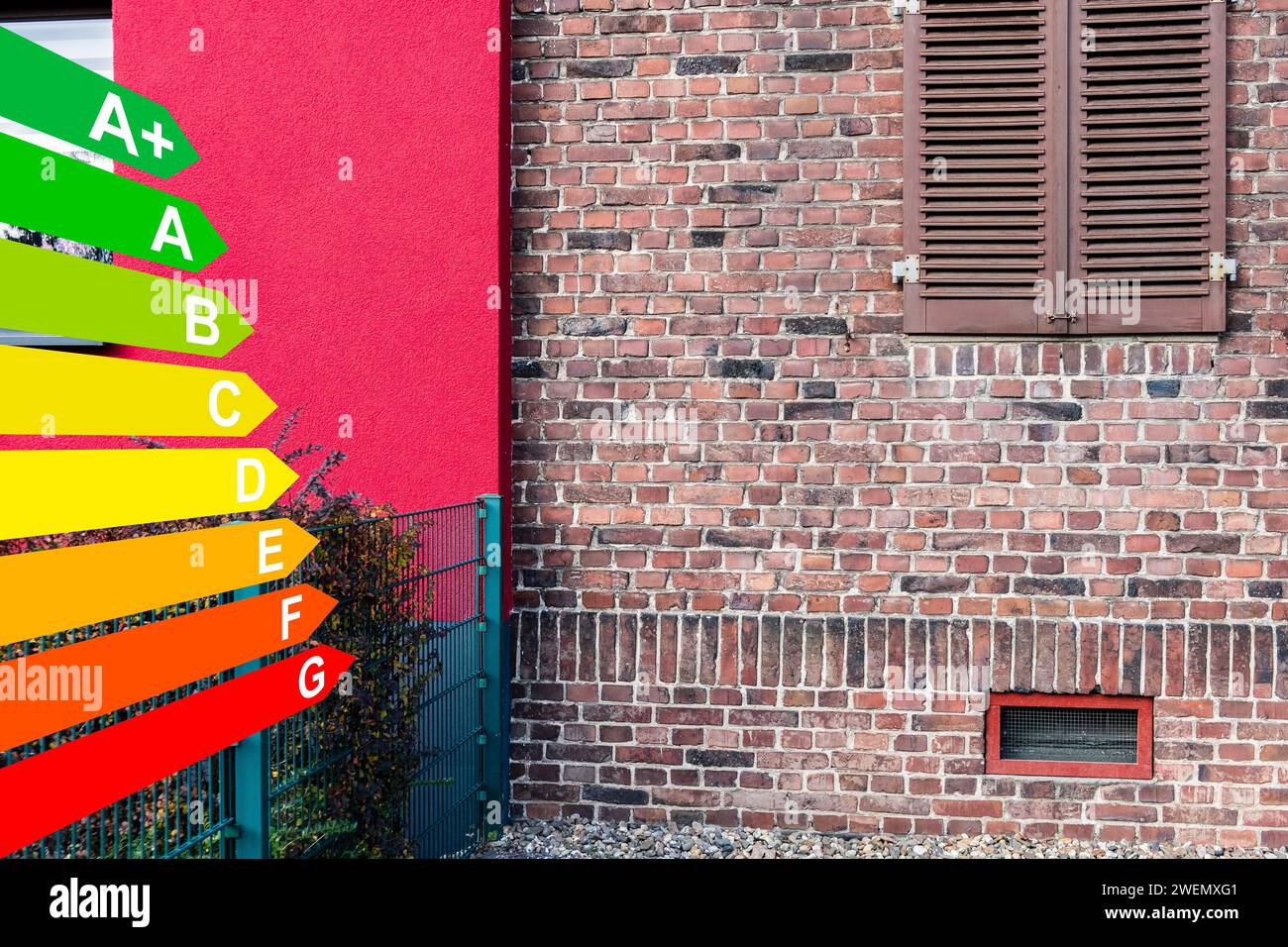 Façade isolée et non isolée d'une maison jumelée, diagramme avec classes d'efficacité énergétique pour les bâtiments conformément à la GEG, Hilden Banque D'Images