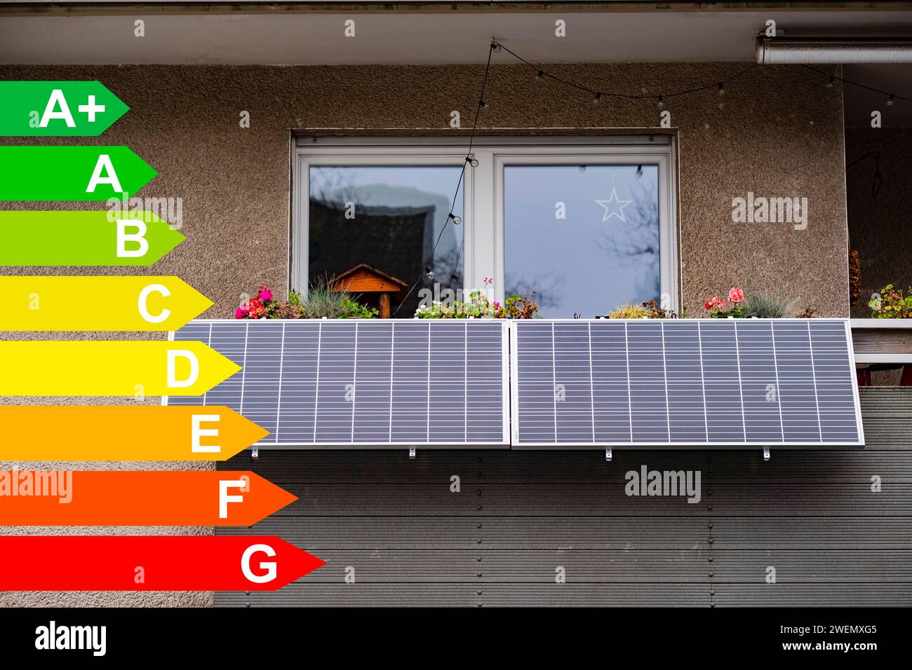 Centrale électrique avec balcon sur un immeuble, diagramme avec classes d'efficacité énergétique pour les bâtiments conformément à la GEG, Duesseldorf, Allemagne Banque D'Images