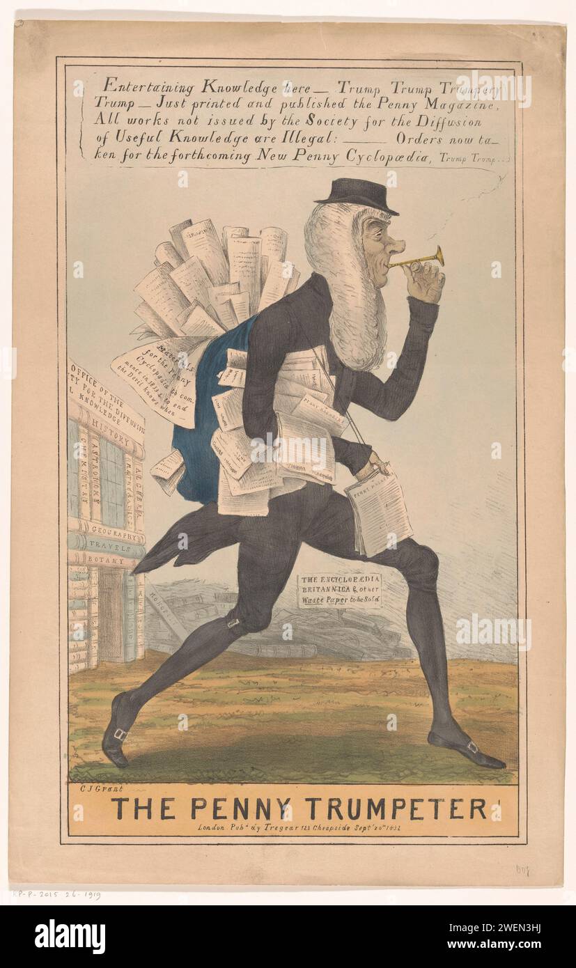 Spotprent op the Penny Magazine, Charles Jameson Grant, 1832 print le politicien Henry Peter Brougham est représenté comme un livreur du Penny Magazine. Il souffle sur une petite trompette et un ballon vocal sort de sa bouche. Derrière lui, le bureau de la Société pour la diffusion des connaissances utiles, composé de livres. En outre, une pile de vieux papier avec des parties de l'Encyclopaedia Britannica. caricatures et satires politiques sur papier. Corne, trompette, cornet, trombone, tuba - CC - hors portes. service postal. livre Banque D'Images